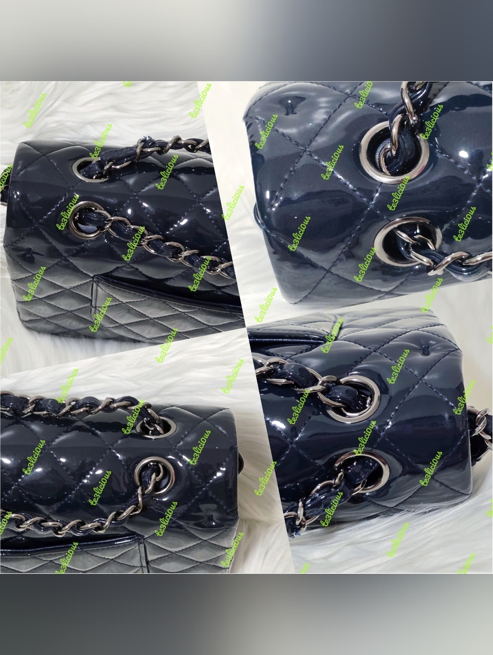 CHANEL 14b QUILTED PATENT LEATHER NAVY MEDIUM CLASSIC FLAP BAG *100% AUTHENTIC* - Picture 5 of 16